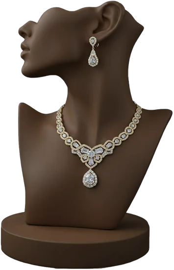 A close-up of a woman's head adorned with a necklace and earrings, showcasing her elegant accessories