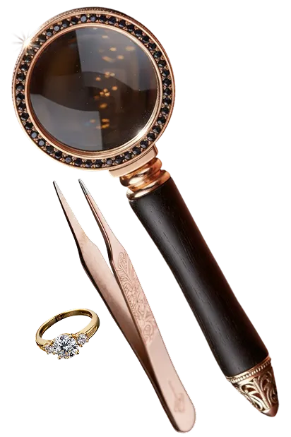 A magnifying glass, scissors, and a ring arranged on a flat surface, showcasing tools for crafting or inspection